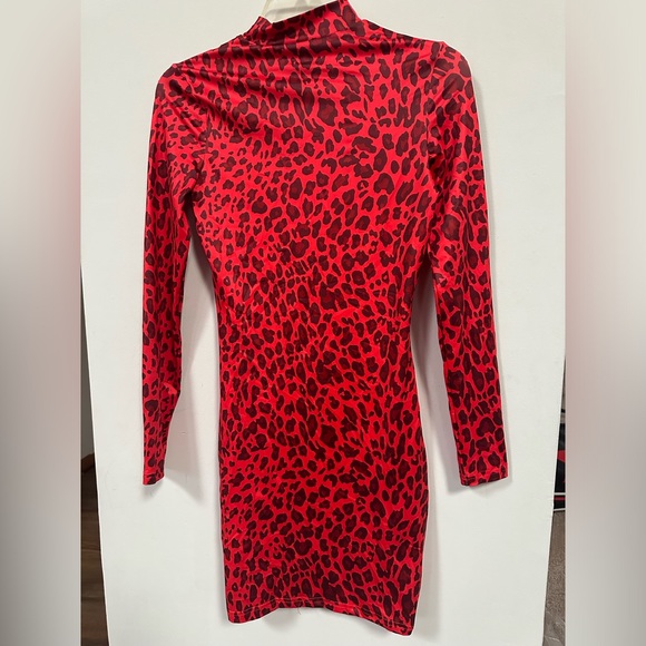 SEXY RED LEOPARD DRESS LONG SLEEVE BODYCON STRETCH - Picture 2 of 4